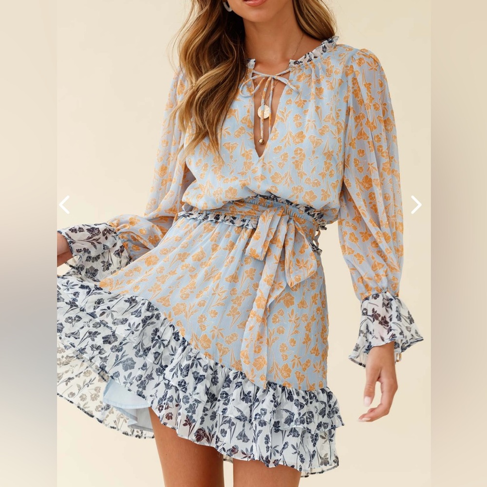 Blue long sleeve floral ruffle hem dress